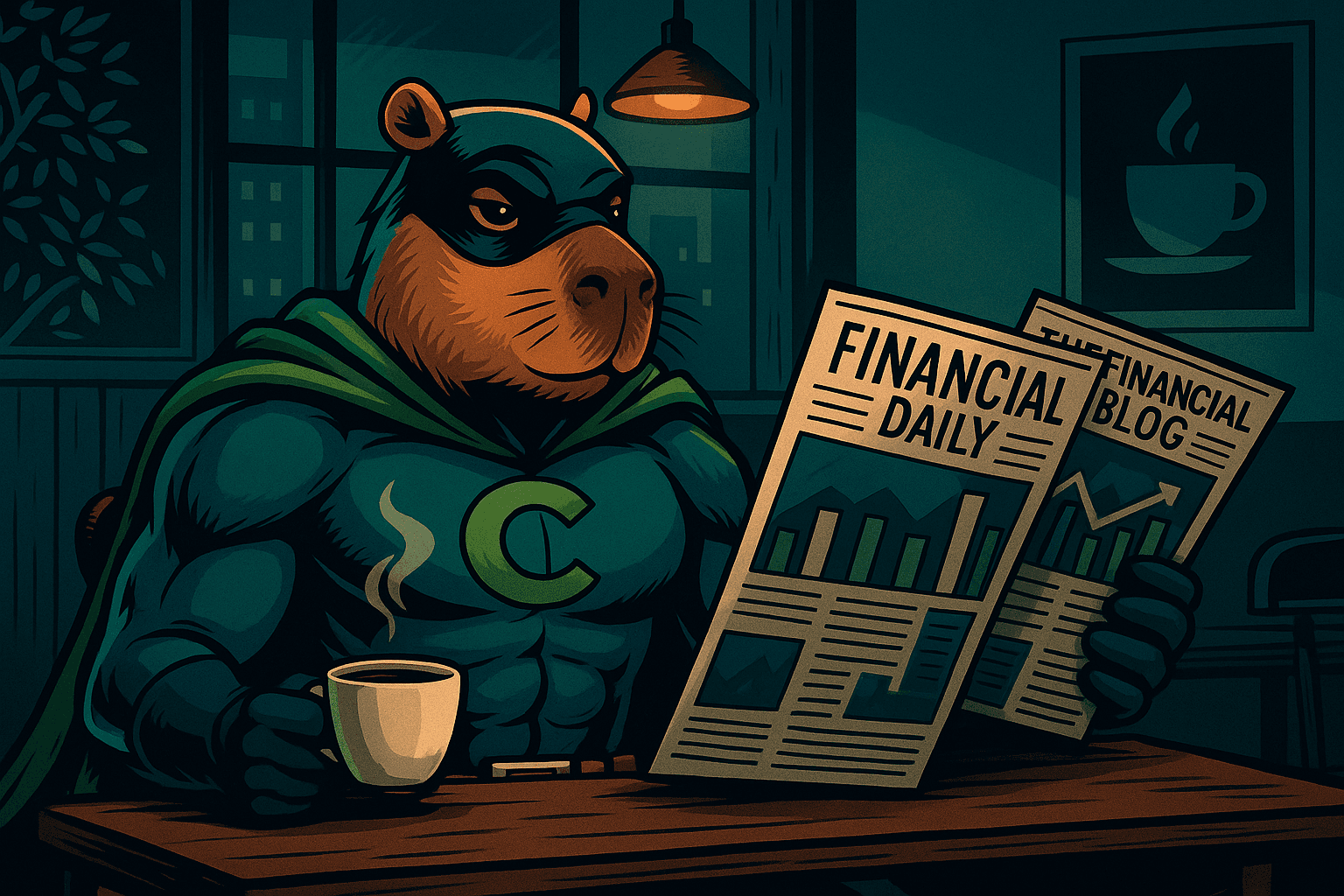 Capyman reading different financial blog newspapers while sipping coffee in a cafe
