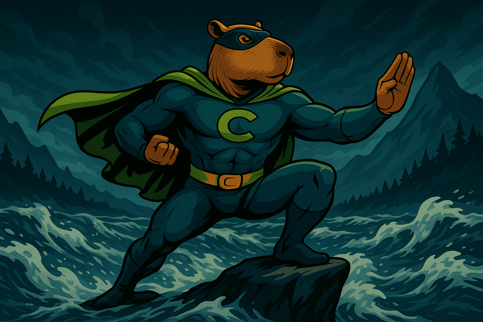 Capyman mindfully meditating on a raging river about his finances